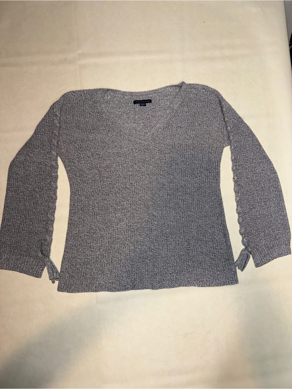 American Eagle Outfitters Gray V-Neck Knit Sweater with Tie Cuffs